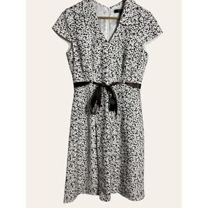 Alex Marie Brown White Floral Linen A-Line Cap Sleeve Belted V-Neck Dress Size 4